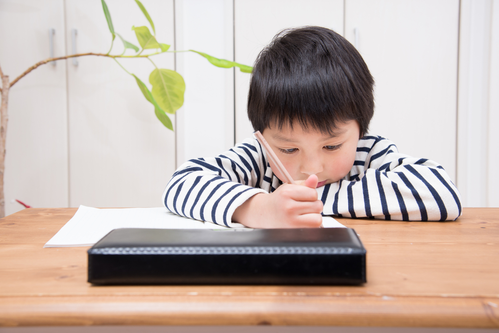 家の居間で勉強する小学生
