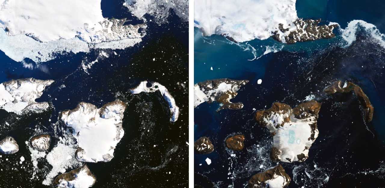 2020年2月の熱波で、南極半島北端の氷河が広範囲に融解した。左の写真がが2020年2月4日、右が2020年2月13日。