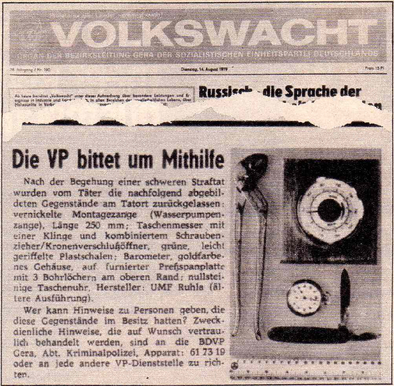 ギュンターさんらは、脱出の試みに一度失敗した。シュタージは墜落現場に残された手がかりをもとに「重大な犯罪者」を捜索し始めた。