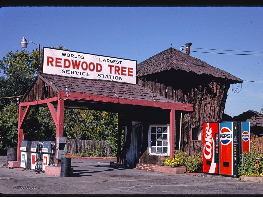 「世界最大のセコイヤ」と掲げた給油所。