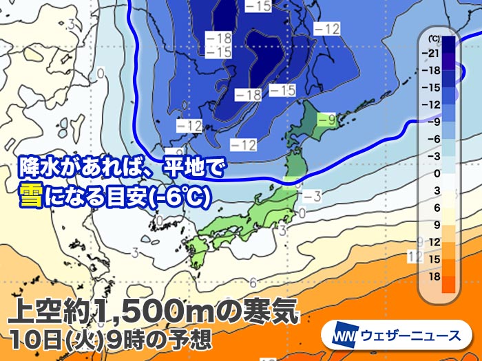 上空約1500mの寒気予想 10日(火)9時