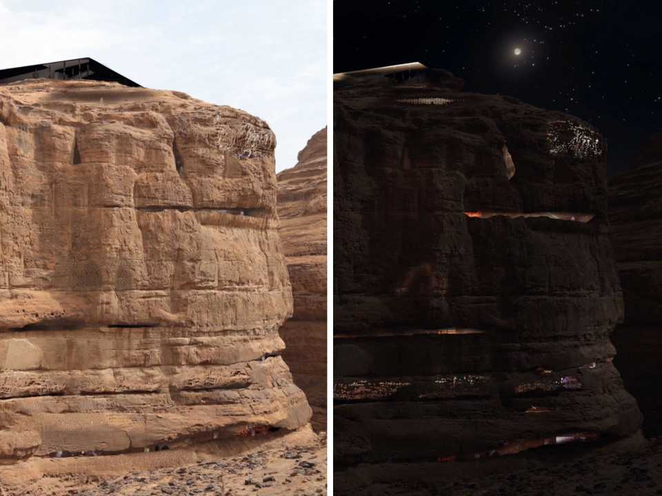 シャラーンの昼（左）と夜（右）の様子を示した完成予想図。