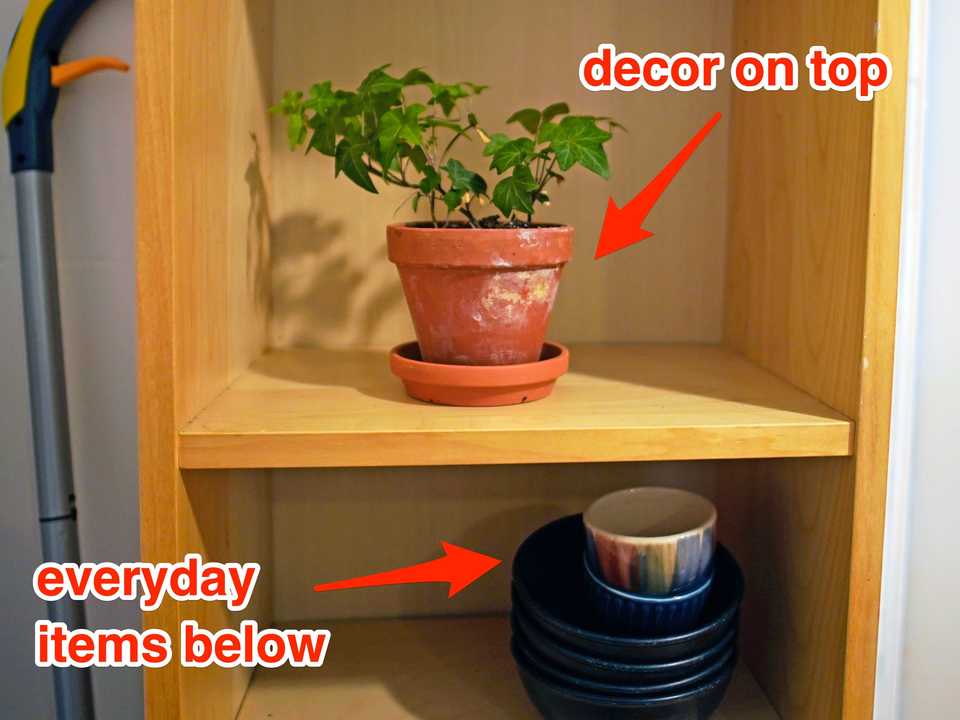 筆者のオープンシェルフには、下の棚に食器、上の棚に植物を置いている。