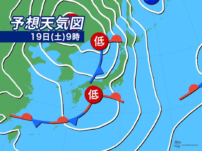 19日（土）9時の予想天気図。