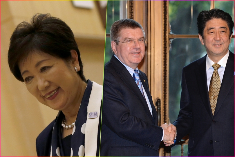 辞職した舛添前知事に代わって、都知事に就任した小池百合子氏(左)。握手を交わすIOCバッハ会長と安倍首相。