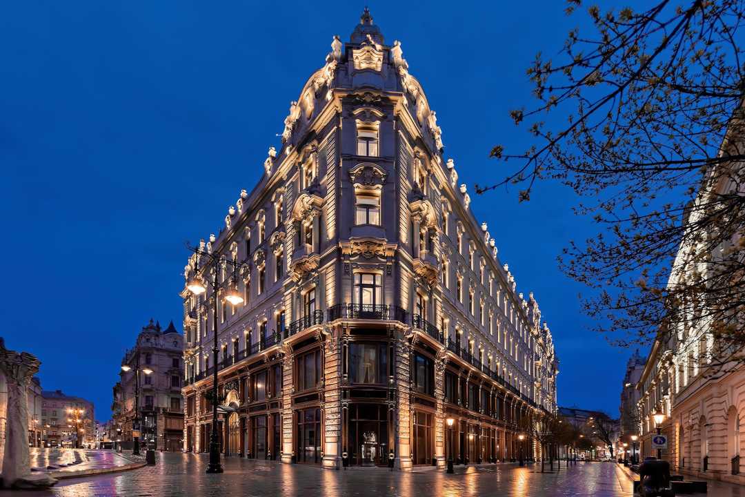 The exterior of the Maltid Palace Hotel in Budapest, Hungary.