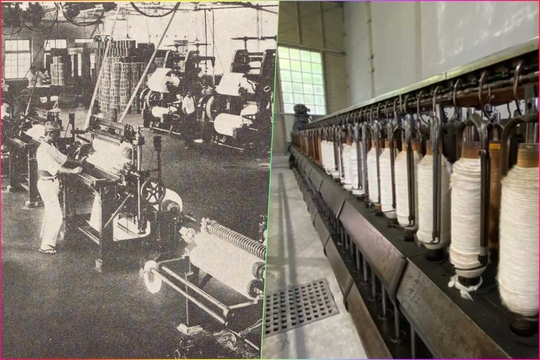 王子製紙・都島工場ライスペーパー仕上室の様子（左）と明治村（愛知・犬山市）で保管されている粗紡機。