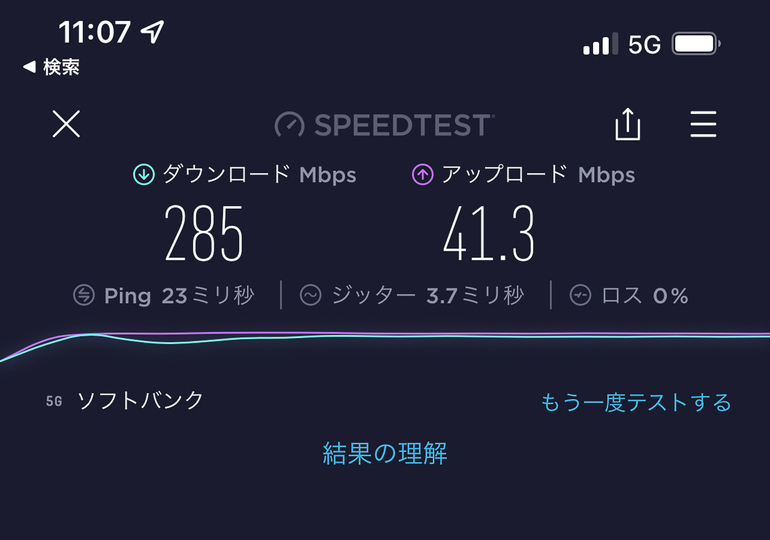 参考まで、同じく5G対応だったiPhone 12 Pro Maxでの5Gでの速度。ほぼiPad miniと同じ値になっている。