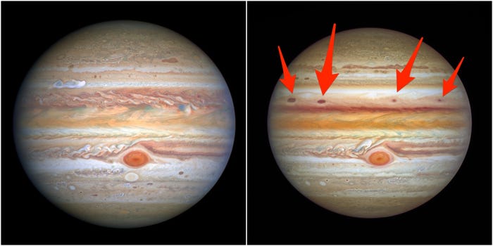 ハッブルが2020年（左）と2021年（右）に撮影した木星の写真。矢印は嵐の渦を示す。