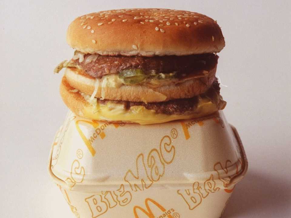 Product shot of a McDonald's Big Mac hamburger in 1977.