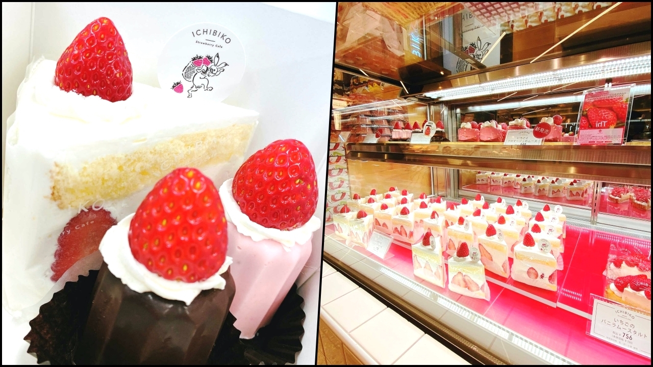 「いちびこ」のケーキと店頭のショーケース。農場直送のミガキイチゴがふんだんに使われている。