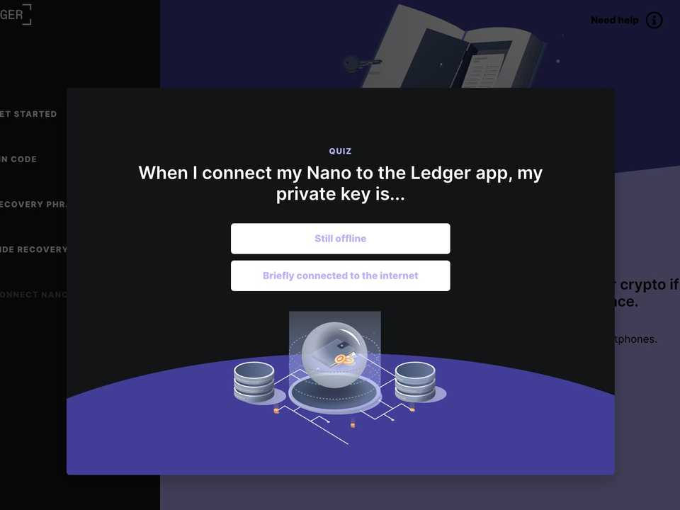 レジャーが暗号鍵をオンライン管理しない点は、二択のクイズ方式のプロンプトでもさらに強調されていた。