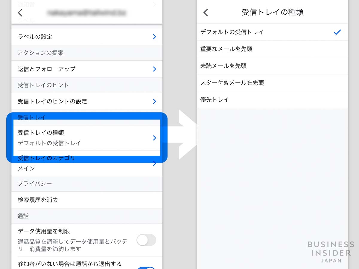 受信トレイの種類