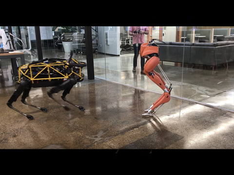 新しいともだち？ ダチョウの脚型ロボ「CASSIE」がボストン・ダイナミクスの犬型ロボ「Spot」と初対面でダンス