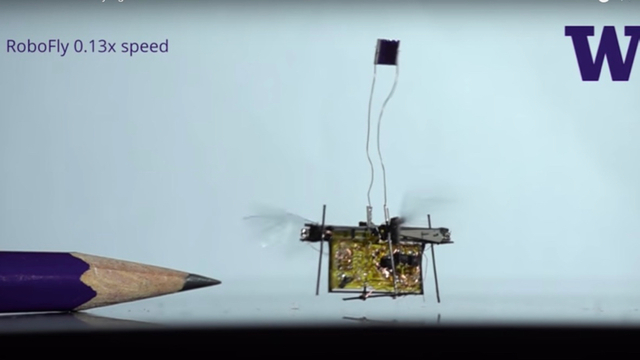 目に見えないレーザー光線で電気を受け取る蝿ロボット、飛ぶ(動画あり)