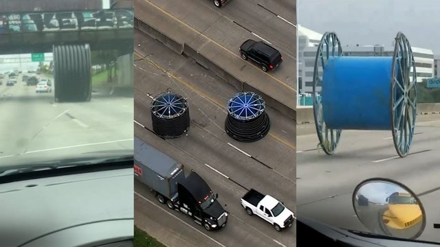 高速道路で巨大スプールがゴロンゴロン