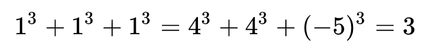 1^3+1^3+1^3=4^3+4^3+(-5)^3=3