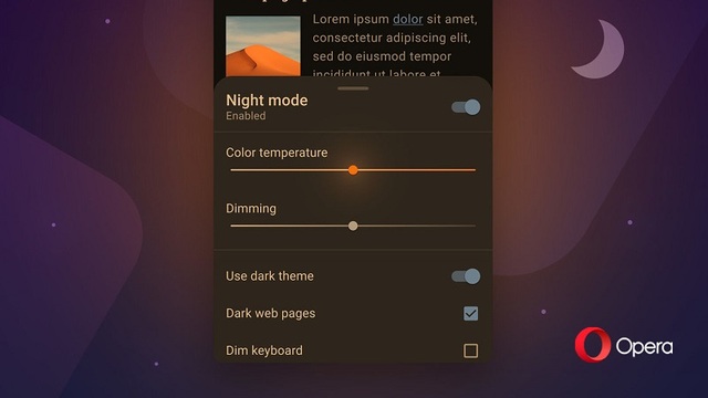 Opera、夜にぎらつく白いサイトを強制的にダークモードに