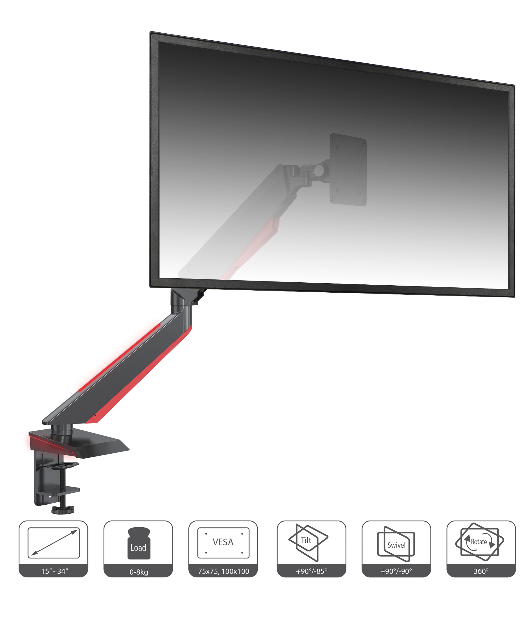 赤いLEDで暗闇を真紅に染めるゲーミング用モニターアーム。8,000円で