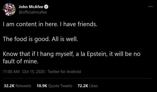 獄中首つり自殺のジョン・マカフィーが残したツイートが気味悪いほど予言的