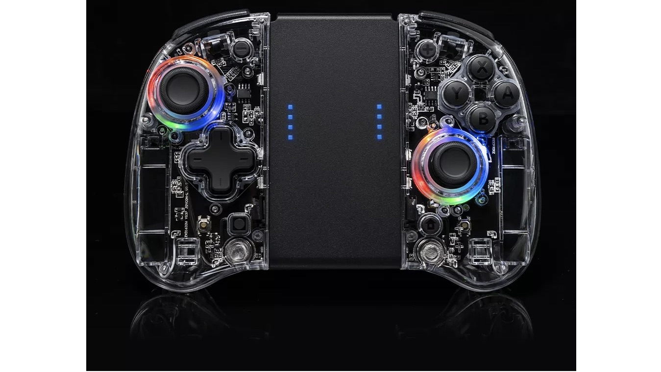 LEDライトで光るスケルトンなNintendo Switch用コントローラー。挟んで
