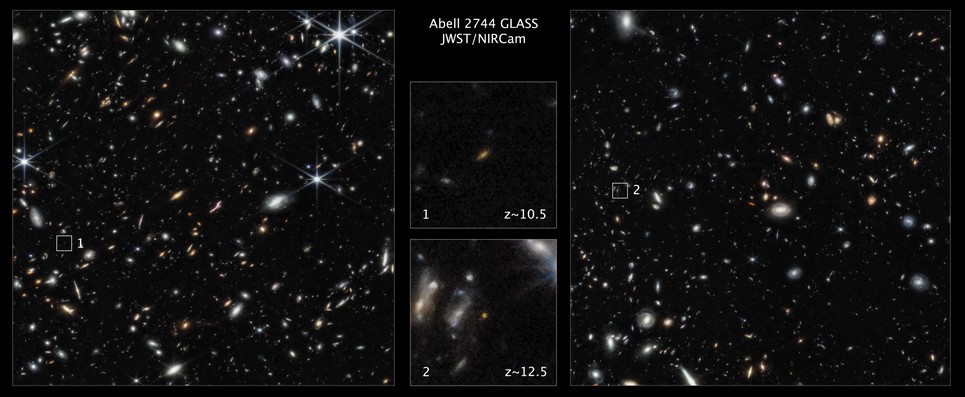 ウェッブ宇宙望遠鏡が撮影した「宇宙の夜明け直後に誕生した銀河」2つ
