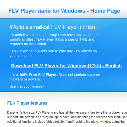 ファイルサイズが17KBしかないFLVプレーヤー「FLV Player nano」