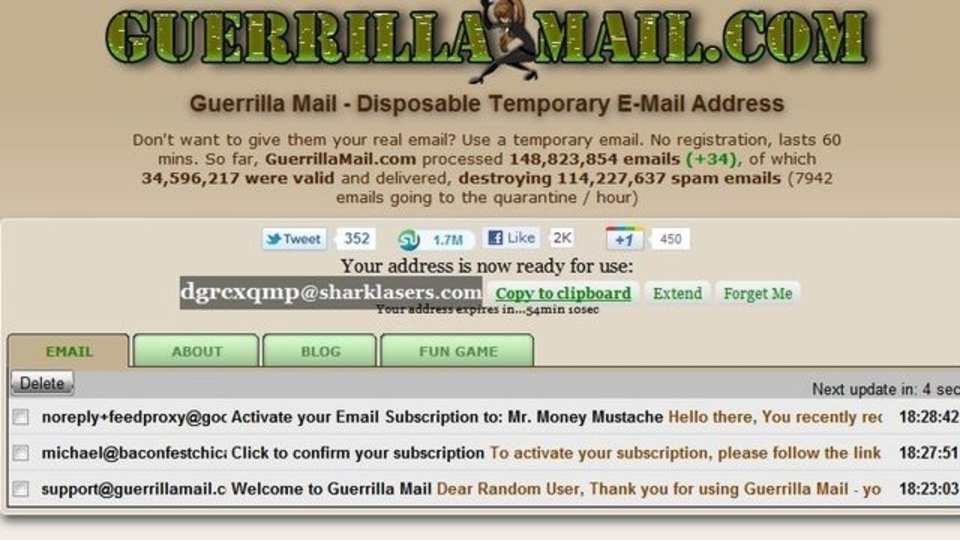 1時間だけ使える使い捨てメールアドレスが作成できる「Guerrilla Mail」