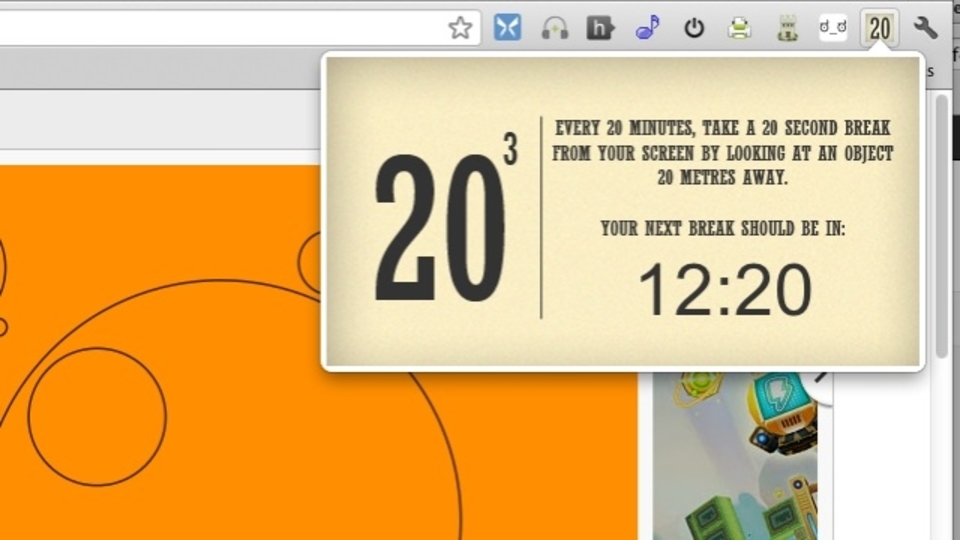 「20 Cubed」は20分ごとに休憩して目を休めるようにリマインドしてくれるChrome用拡張機能