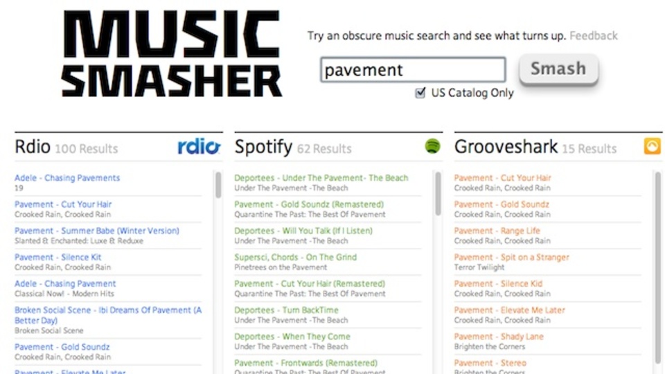 Rdio、Spotify、Groovesharkなどの音楽ストリーミングサービスを一括検索できる「Music Smasher」