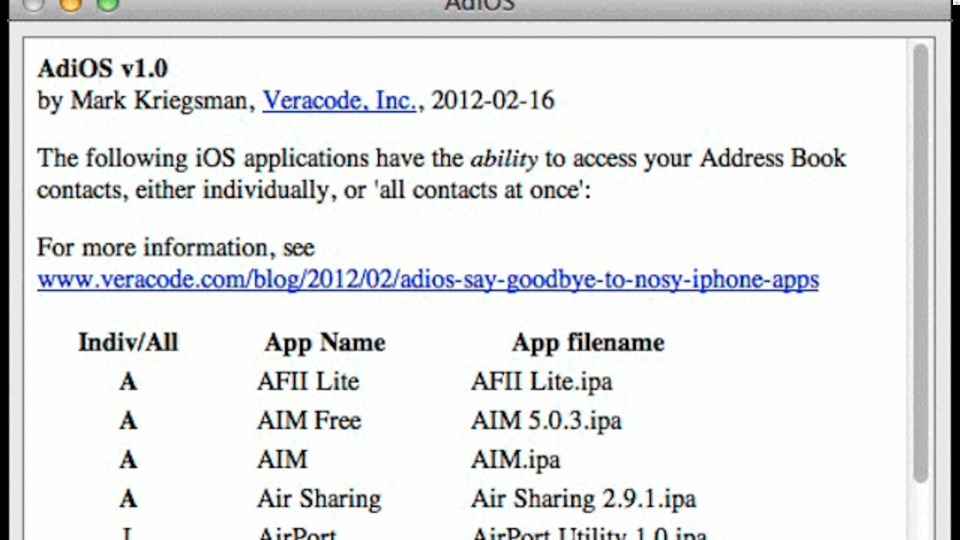 どのiOSアプリが自分のアドレス帳のデータを利用しているのかを検索できる『AdiOS』