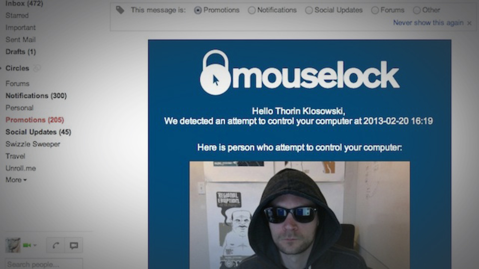 自分以外の誰かがPCを触ったら、写真を撮影してメールで送ってくれるアプリ『Mouse Lock』