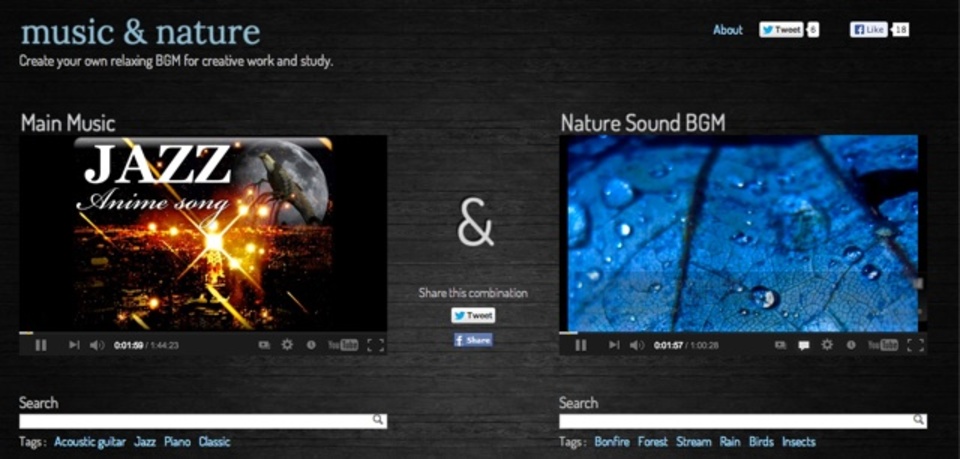 音楽と自然音を同時に再生してオリジナル作業用BGMを作れるサービス「music & nature」