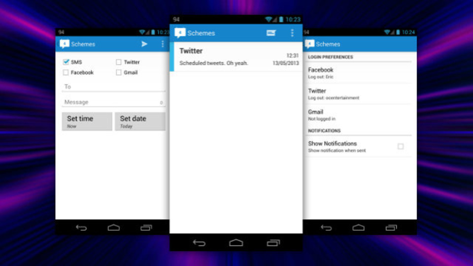 SMS、メール、Twitter、Facebookへのテキスト送信を同時にスケジュール設定できるアプリ