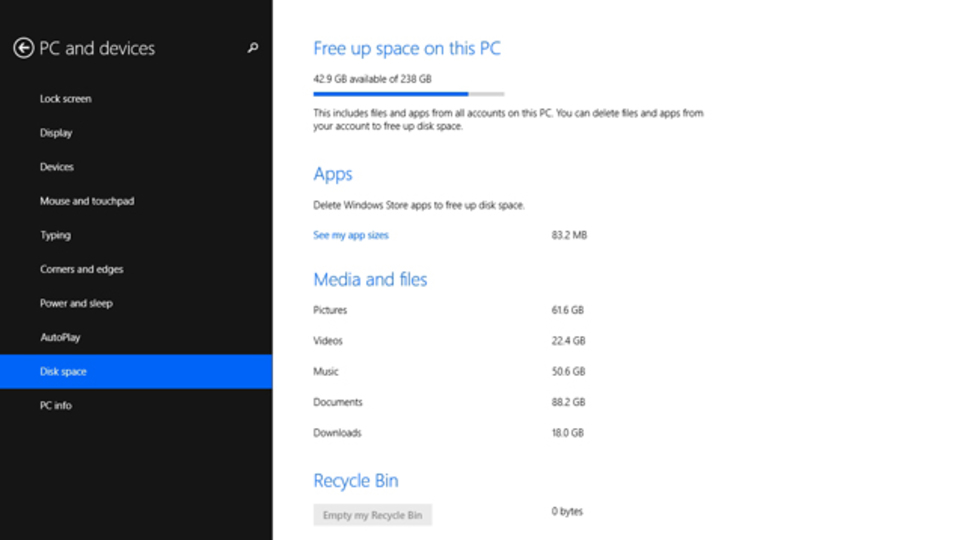 Windows 8.1のPC設定でディスク容量を簡単に確認できる