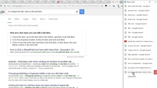 Google Chromeでタブ一覧を縦に並べられる拡張機能「Peek a tab」
