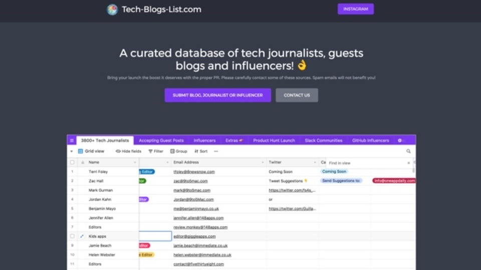 「Tech Blogs List」テック系のメディアやインフルエンサーの問い合わせ先をまとめたリスト