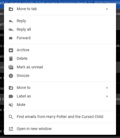Gmailのコンテキストメニュー