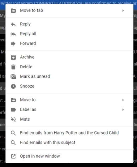 Gmailのコンテキストメニュー