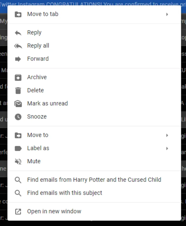 Gmailのコンテキストメニュー