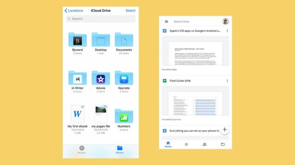 Appleの「ファイル」(左)とGoogleドライブ(右)