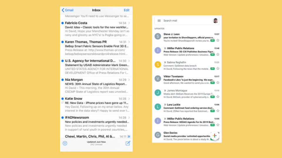 Appleの「メール」(左)とGmail(右)