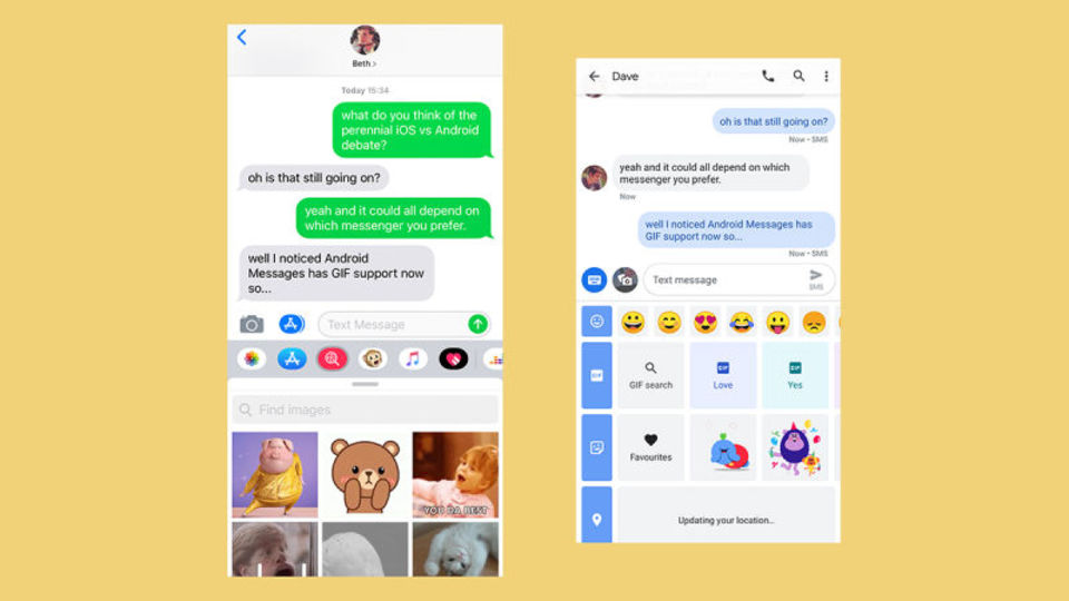 Appleのメッセージ(左)とAndroidの「メッセージ」