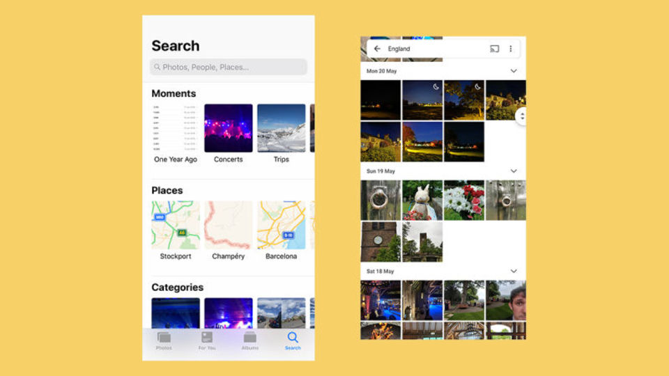 Appleの「写真」(左)とGoogleフォト(右)