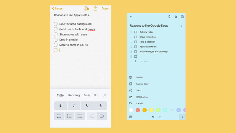 Appleの「メモ」(左)とGoogle Keep(右)