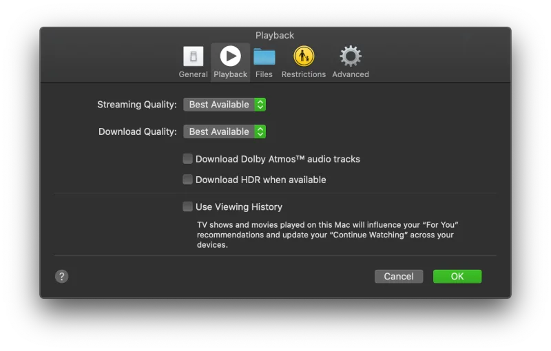 『Apple TV』アプリの動画再生設定