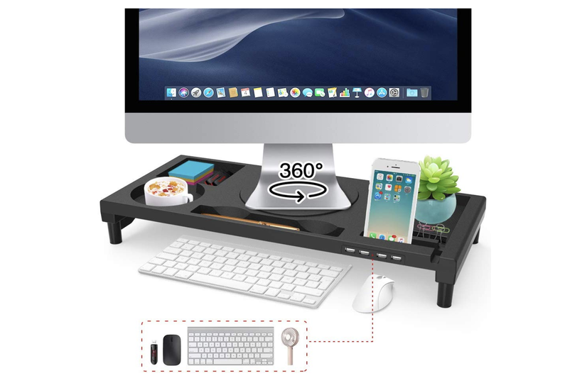 360°回転する多機能モニター台。スマホなどが収納できてデスクが片付く