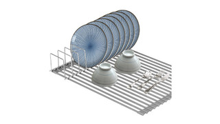 食器スタンド付きで効率よく乾かせて、丸めて省スペースに使える水切りラック