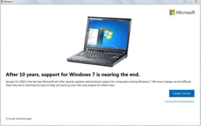 Windows 7終了の通知画面