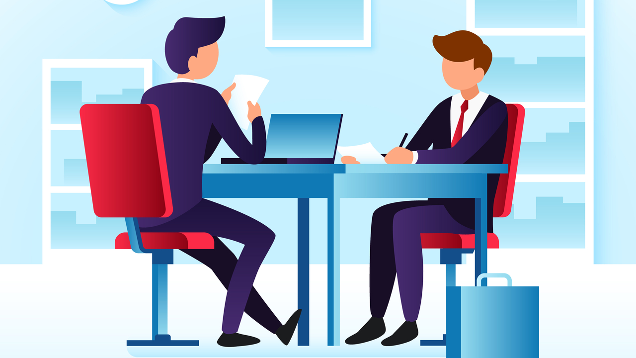 デスクを囲む男性二人のイラスト